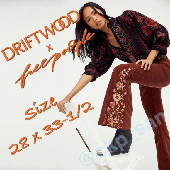 Free People x Driftwood Farrah Embroidered Cord Jeans Sz 28 - Picture 1 of 15